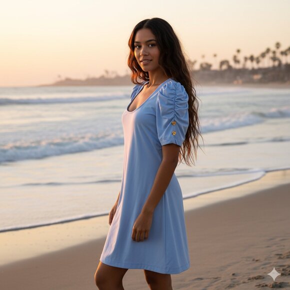 Juicy Couture Swimsuit Cover Up Mini Dress XS Blue Puff Sleeves Heart Buttons - Picture 1 of 15